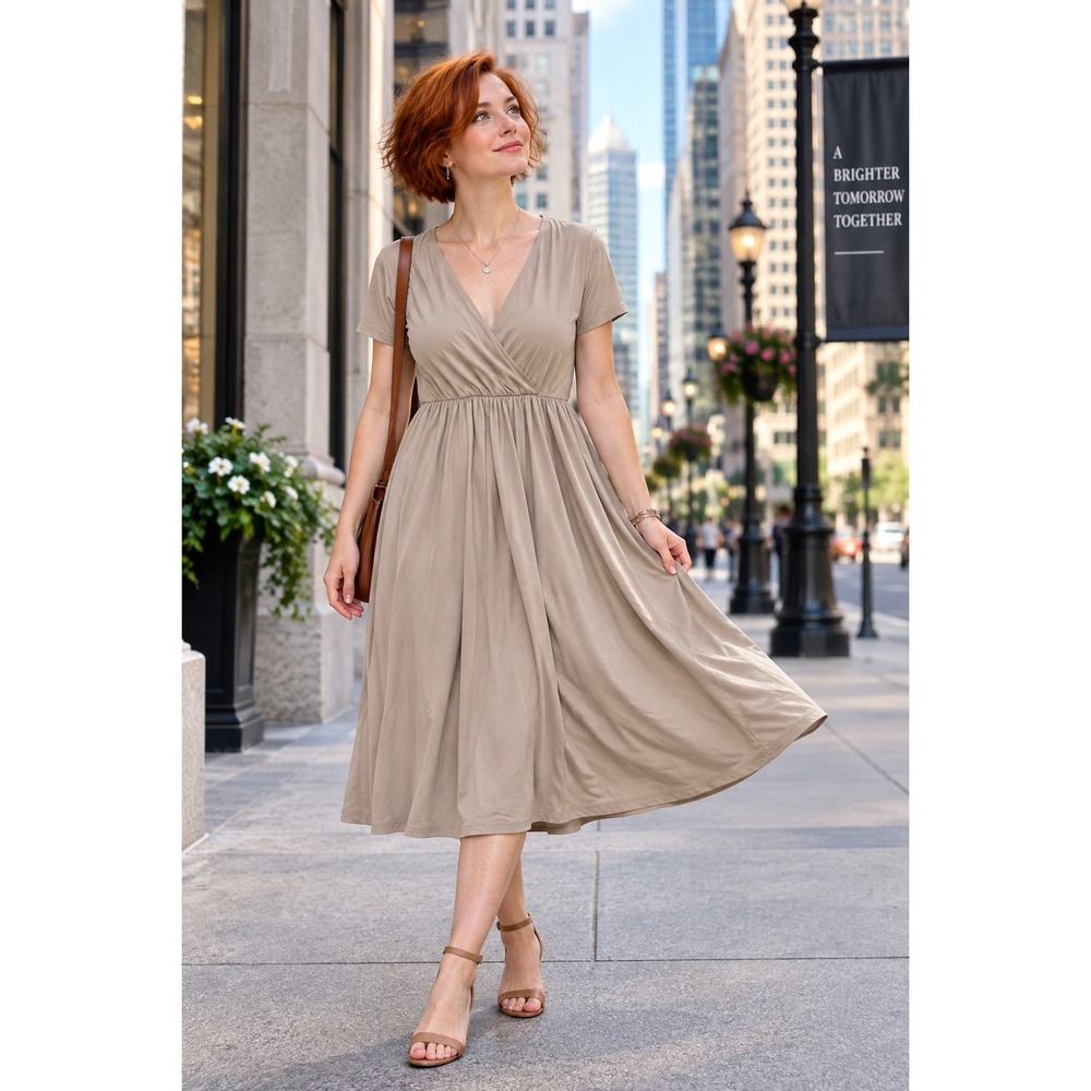 Zenana Short Sleeve Surplice V-Neck Empire Waist Dress Taupe PD-2376AB Large